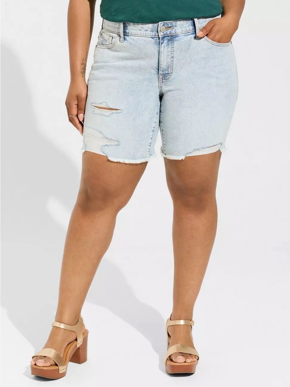 Torrid Boyfriend Bermuda Vintage Stretch Mid-Rise Distressed Shorts 22 Speakeasy